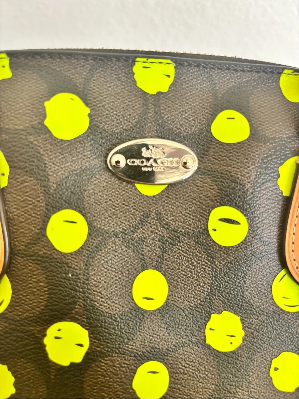 Coach Neon Yellow Dot Dome Satchel with Tan Trim